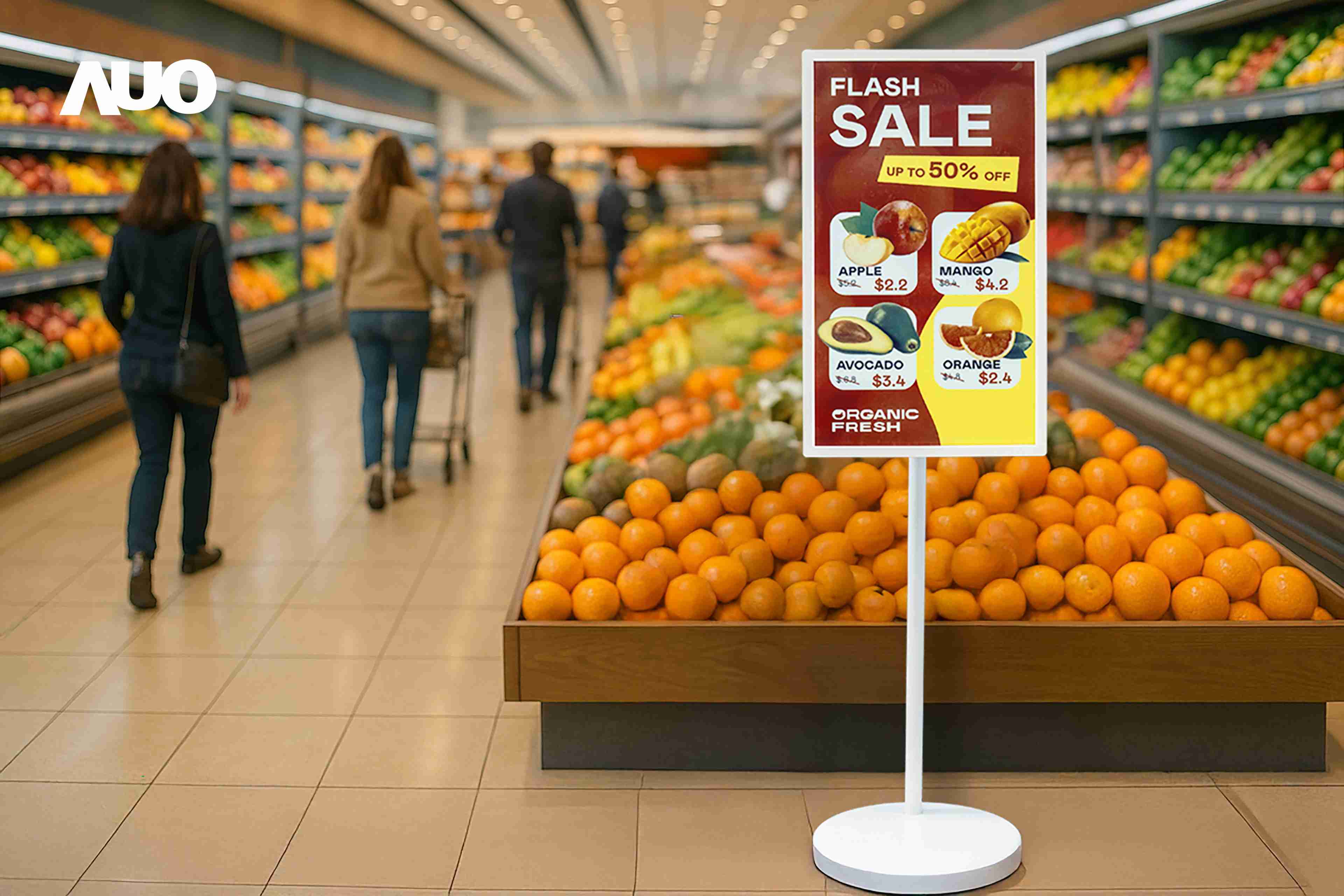 达擎首亮相低功耗、、、全彩的〝aecoPost电子纸解决方案〞，，，，仅在更新画面时需要微量的电力驱动，，无需布建电线的便捷设计，，使其可灵活应用、、、随意置放，，，，并可透过云端或行动装置app，，轻松管理及排程广告内容，，晋升店头营销利器。。。。